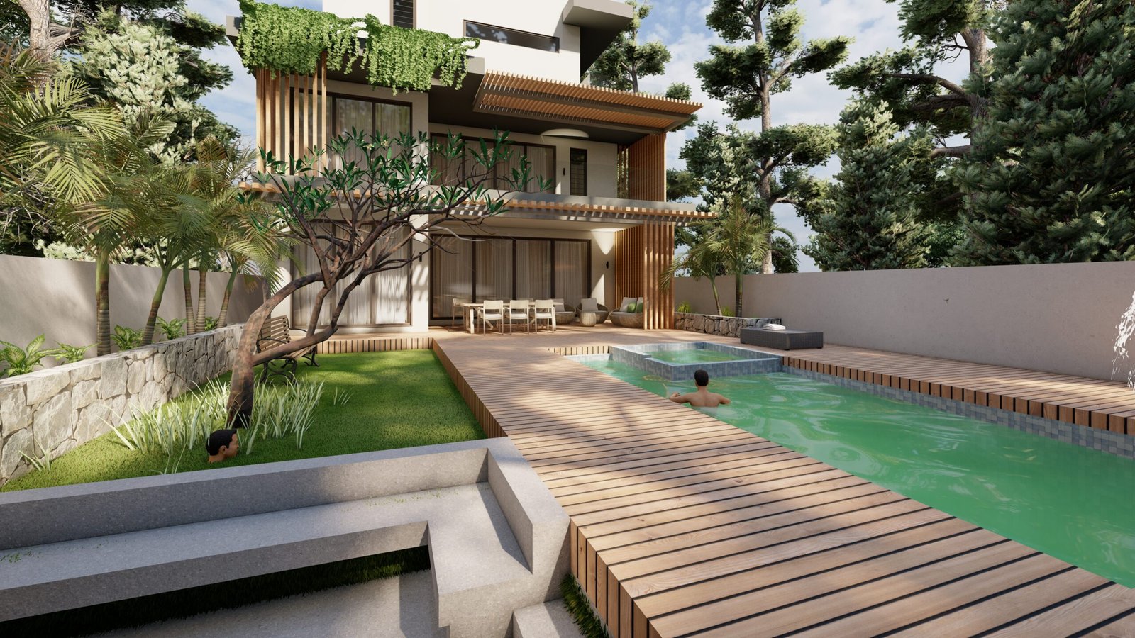 KT Residence, timber balconies over the pool deck, 3D visualisation